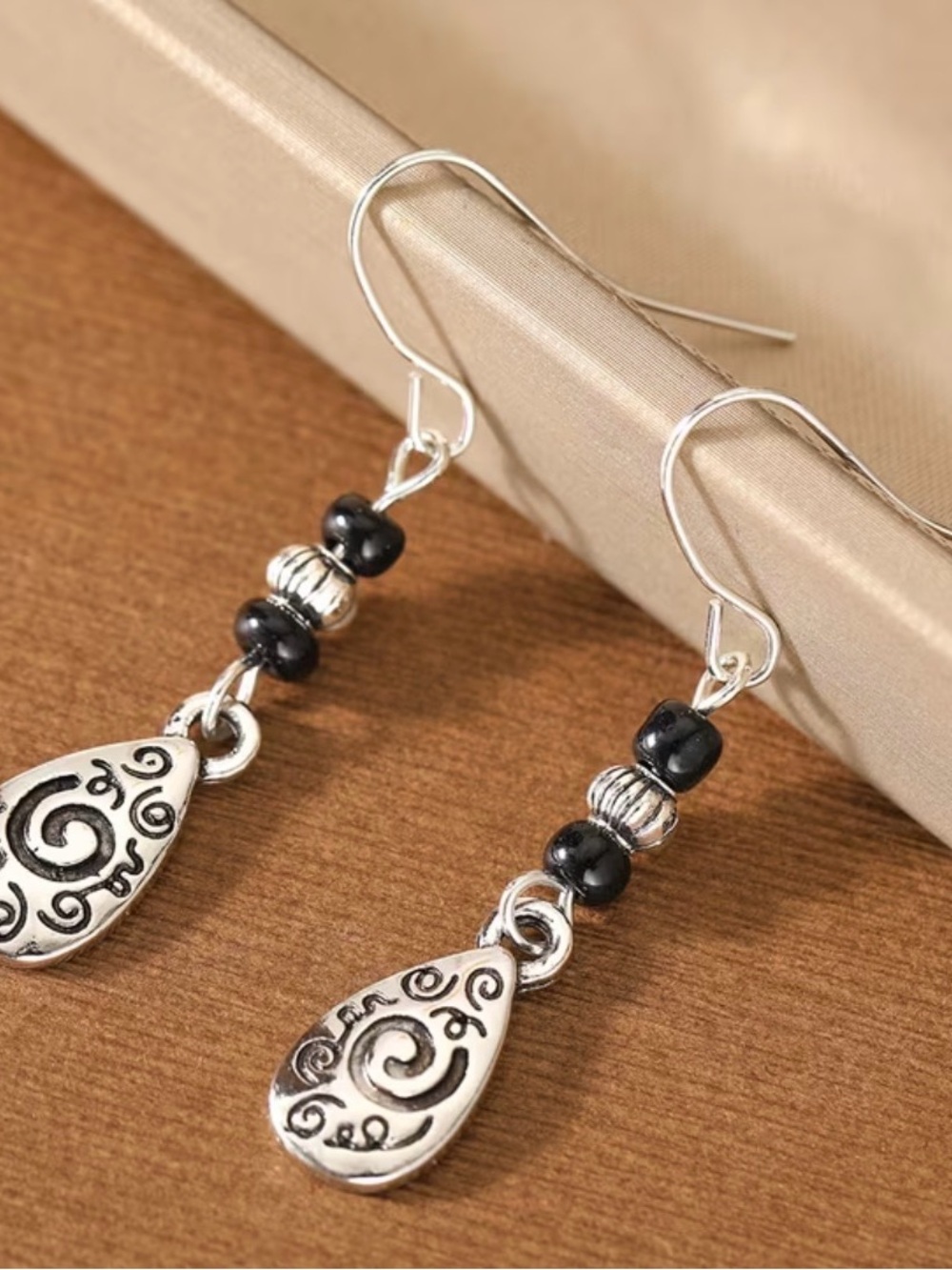 Silver-Tone Black Bead Teardrop Dangle Earrings